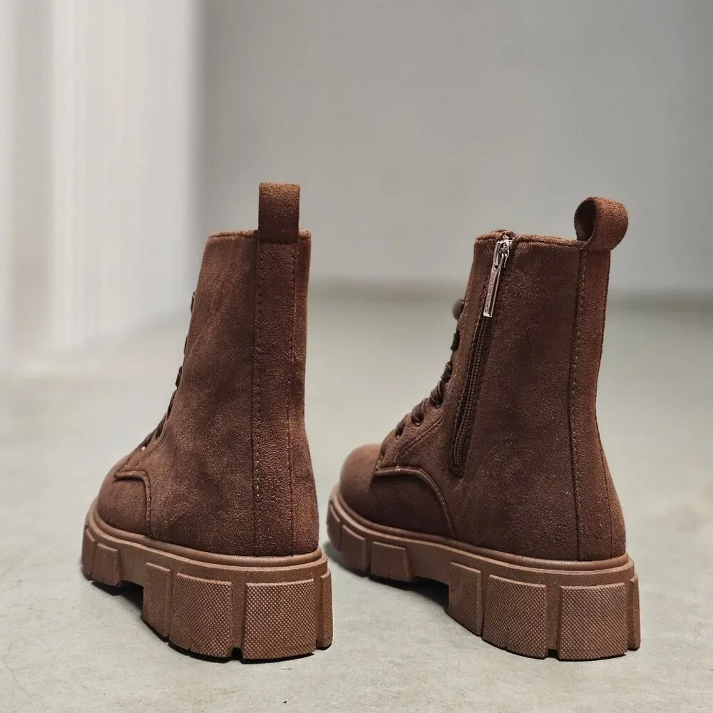 Chunky Sole Brown Faux Suede Combat Boots With Side Zipper & Lace-Up Closure For - Picture 11 of 13